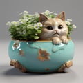 Colorful Zbrush Cat In Flower Pot: 8k 3d Porcelain Sculpture Royalty Free Stock Photo
