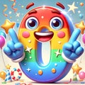 Number zero character pointing up celebrating birthday with balloons and confetti