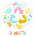 Colorful Zero Waste logo design template set. No Plastic and Go Green concept in circle form. Vector eco lifestyle sign and symbol