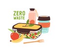 Colorful Zero Waste lunch vector flat illustration. Eco friendly durable and reusable items - thermo mug, vacuum flask Royalty Free Stock Photo