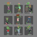 Colorful zombie scary cartoon cards halloween magic people body fun group cute green character part monsters vector