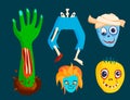 Colorful zombie scary cartoon character and magic people body part