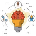 Colorfulbackground with light bulb on shape of brain and icons of hand with magnifying glass and compass and light bulb