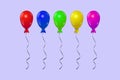 Five very colorful ballons with a string cord - red, blue, green, yellow and pink Royalty Free Stock Photo