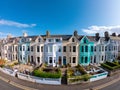 Colorfulhouses green blue yellow and red in row in Bangor Northern Ireland Aerial view