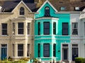 Colorfulhouses green blue yellow and red in row in Bangor Northern Ireland Aerial view