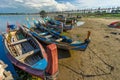 Colorfull boats at U-Bein bridge, Mandalay, Myanmar Royalty Free Stock Photo