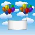 Colorfull helium balloons and banner in sky Royalty Free Stock Photo