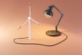 colorfull infinite background miniature windmill with giant desk lamp sustainablity renewable energy concept on gras 3d Royalty Free Stock Photo