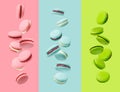 Colorfull macaroons levitated on pink, blue and green background Royalty Free Stock Photo