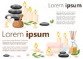 Colorfull spa tools and accessories black basalt massage stones herbs mortar rolled up towel and candles illustration on wh