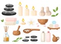 Colorfull spa tools and accessories black basalt massage stones herbs mortar rolled up towel oil gel and candles illustrati Royalty Free Stock Photo