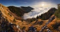Colorfull sunset behind Mountain peak landscape above clouds - panorama Royalty Free Stock Photo