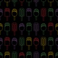 Colorfull Vector Ice cream repeat seamless pattern. Bright colors on black backgound