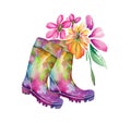 Colorfull wellies. Rubber boots autumn fall concept. Watercolor illustration