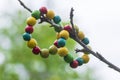 Colorfull wood beads on thread, fashionable beaded bracelets, bright beautiful colors green red yellow and light blue