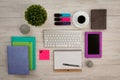 Colorfully business desktop objects on a grey table