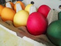 Colored Easter eggs in a cardboard box Royalty Free Stock Photo