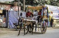 A colorfully decorated horse-drawn carriage waits for tourists in front of the Tapotaram Baths near Weluwan Temple, India