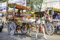 A colorfully decorated horse-drawn carriage waits for tourists in front of the Tapotaram Baths near Weluwan Temple, India