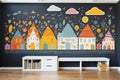 colorfully designed wall chalkboard in a childrens playroom