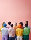 Colorfully dressed young people standing in front of a pastel clean wall.