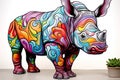 a colorfully painted rhino standing next to a potted plant. generative ai