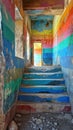 Colorfully painted stairwell in a dilapidated building with peeling paint and debris, creating a contrast of vibrance and decay