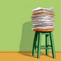 A Colorfully Stacked Array of Multicolored Papers Piled on a Green Stool Against a Bright Wall Background Royalty Free Stock Photo