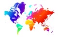 Colorfulness saturation world map, each continent in different trendy bright gradient colors and name