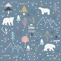 Polar bear, mountain and forest seamless pattern background. Winter pattern.