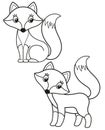 Cute set of cartoon fox, vector black and white illustrations for children`s coloring or creativity