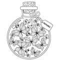 Vector Coloring book for adults. A glass vessel with memories of summer. A bottle with bees, butterflies and ladybugs