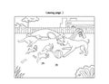 Coloring age dogs playing ball at park illustration