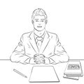 Coloring, black lines on a white background. Businessman, boss at the table, reception staff, job interview. Vector