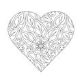 Coloring book for adult and older children, Decorative Love Heart. Hand-drawn floral Vector illustration