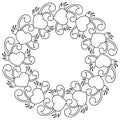 Coloring book for adult and older children, Round wreath in the style of doodles. Black and white vector illustration