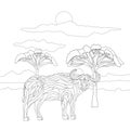 Coloring book for adults and children with a buffalo on the background of a landscape of sky and savannah trees. Cute wild bull in