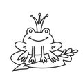 Coloring book for adults and children with a frog in the crown of a fairy tale. A cute frog sits on a water lily and smiles. Royalty Free Stock Photo