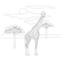 Coloring book for adults and children with a giraffe on a background of a landscape of the sky and savannah trees. Beautiful cute