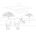 Coloring book for adults and children with realistic rhino on a background of landscape with trees.Wild horned animal on a