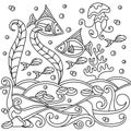 Coloring book for adults and Children , Underwater. Marine vector motif . Doodles of the underwater world, sea, ocean