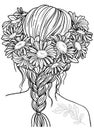 Coloring book for adults. Girl with a hairstyle braided in the hair of chamomile flowers. Vector black contour image on Royalty Free Stock Photo