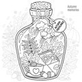 Vector Coloring book for adults. A glass vessel with memories of autumn and love. A bottle with bees, rain, autumn leaves, a cup o