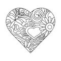 Coloring book for adults. Heart with flowers and butterfly. Vector monochrome illustration