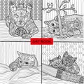 Coloring book for adults - 2 set of four drawings coloring cat pages for adults and children, doodle