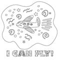 Coloring book with an airplane flying in the sky among the stars Royalty Free Stock Photo