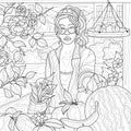 Coloring book antistress for children and adults.The girl in the market chooses fruits.