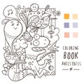 Coloring book antistress with funny cute cartoon creatures. Doodle print with dragon, monster and bird. Line art poster.