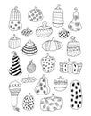 Coloring book. Beautiful openwork pumpkin of various types and shapes on a white background. Hand-drawn. All objects are separated